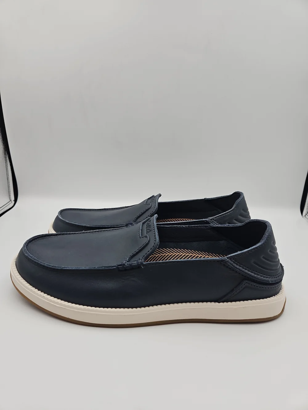 OluKai Men's Navy Leather Slip-On Loafers with Cream Sole